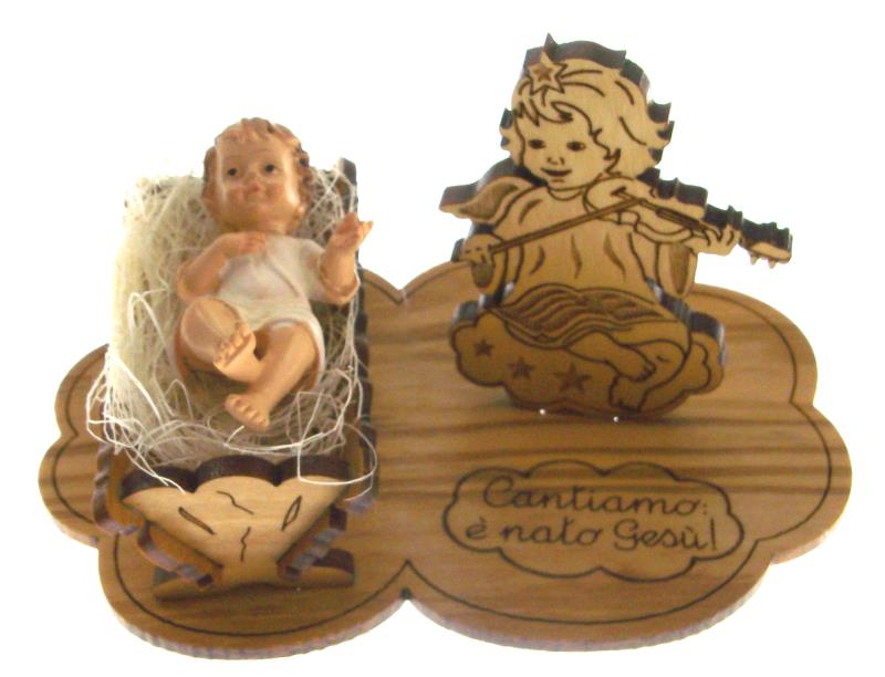 gesu bambino culla con angelo in legno