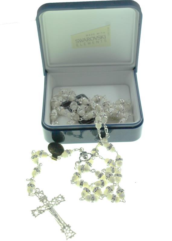 rosario in argento con grani madreperla