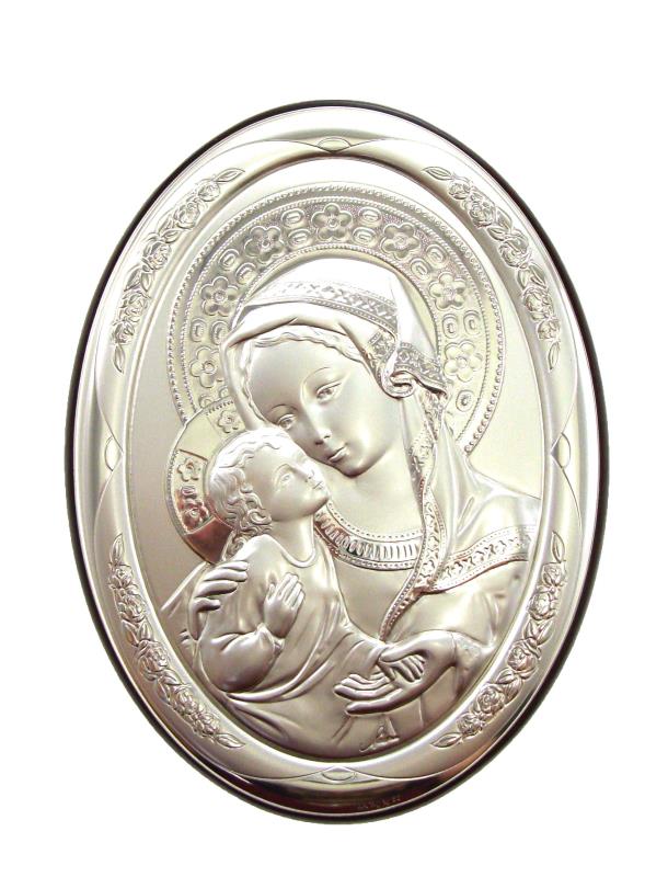 quadro legno e argento ovale cm 13x18 madonna con bambino aureola fi