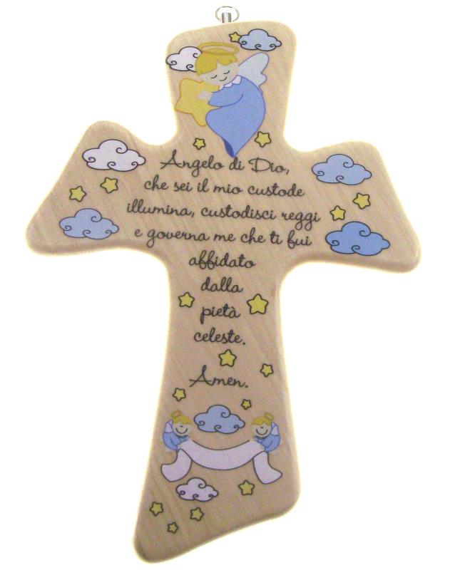 croce angelo custode in legno azzurro