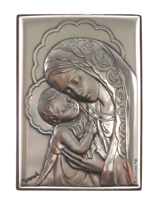 quadretto cm 7x5 argento su legno madonna c/bambino