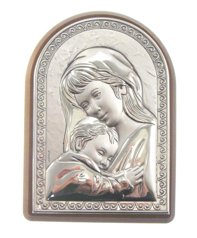 quadretto in lamina argento e legno cm 14x10 madonna con bambino