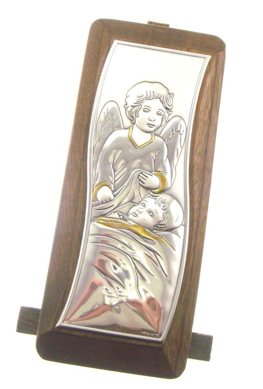 quadretto in lamina argento e legno cm 19x8 angelo custode