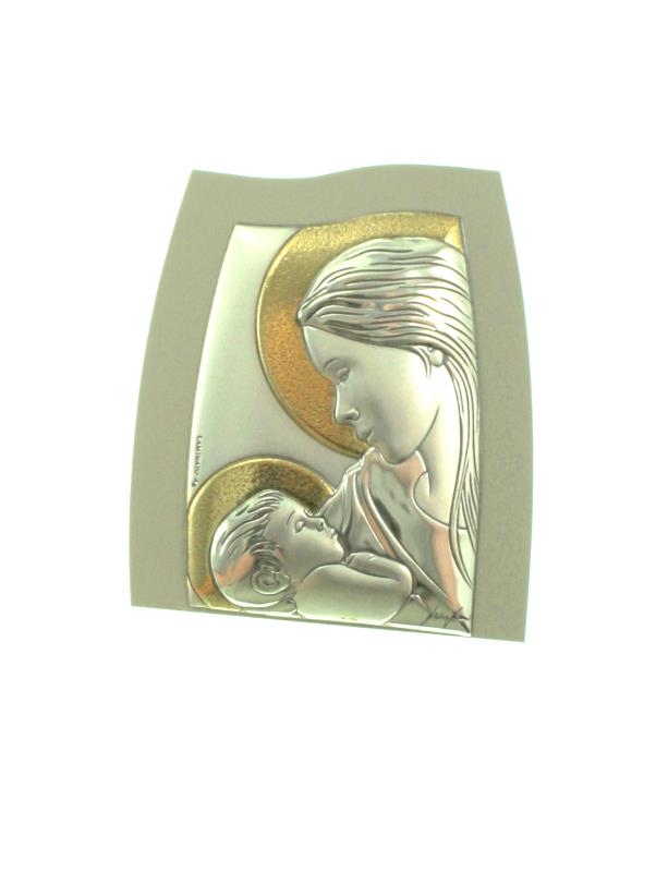 quadretto legno e bilaminato argento cm 5x6 madonna con bambino
