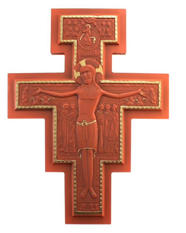 croce san damiano in resina decoro oro cm 25x18