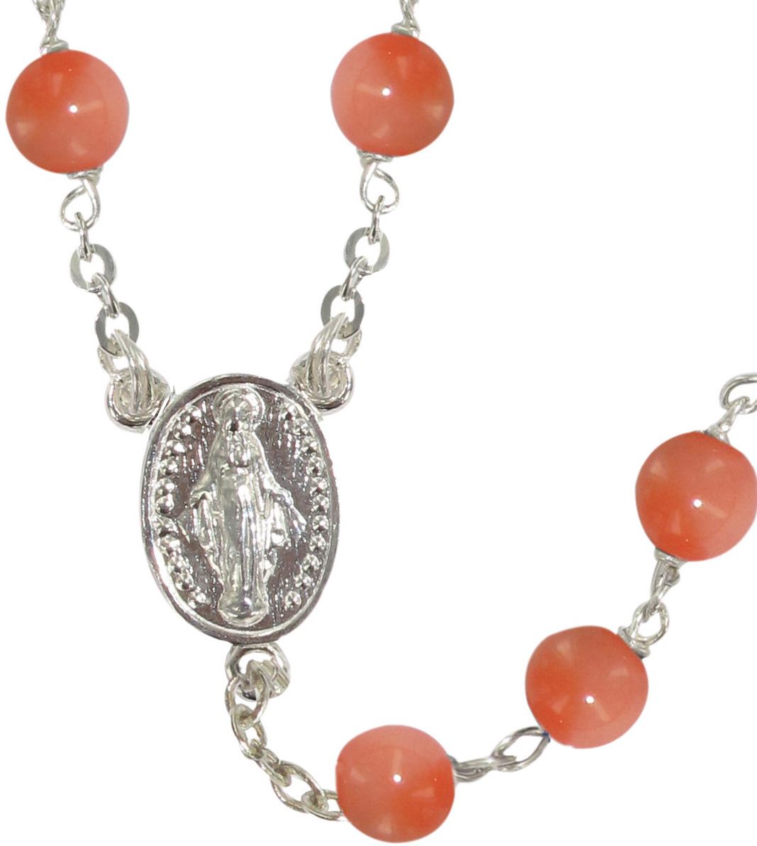 rosario in argento in vero corallo rosa con grani tondi mm 5 con legatura a mano