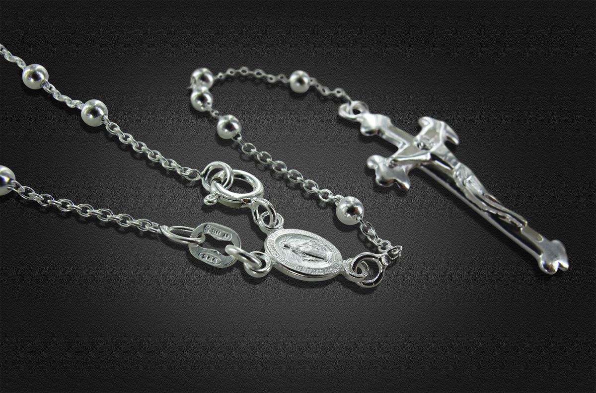 rosario in argento 925 con grani tondi da Ø 3 mm con moschettone