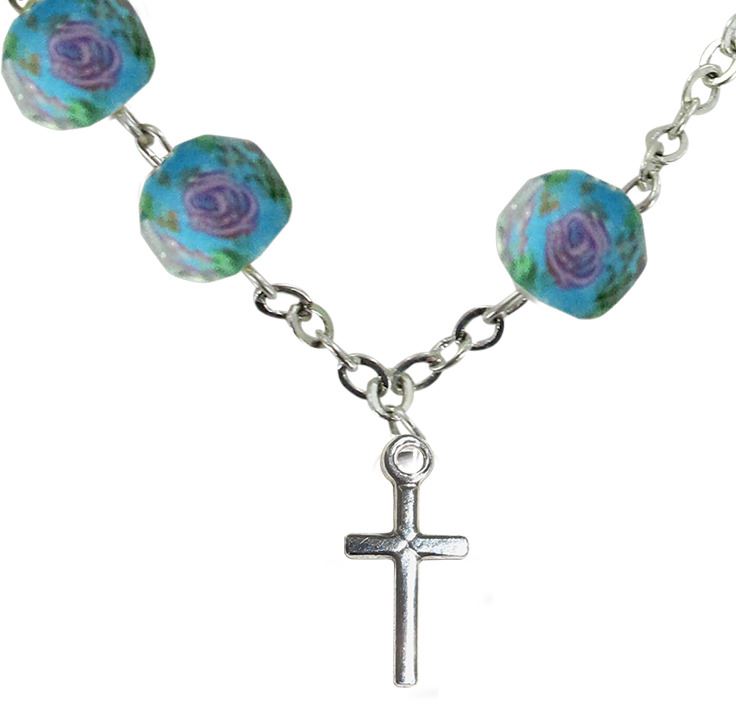 braccialetto in vetro pressato azzurro con fiori legatura in argento 925