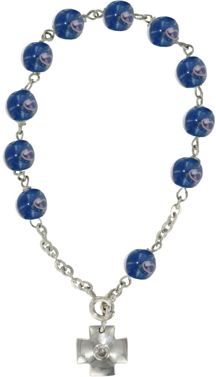 braccialetto con grani a forma di roselline in vetro blu mm 6,5 e argento 925
