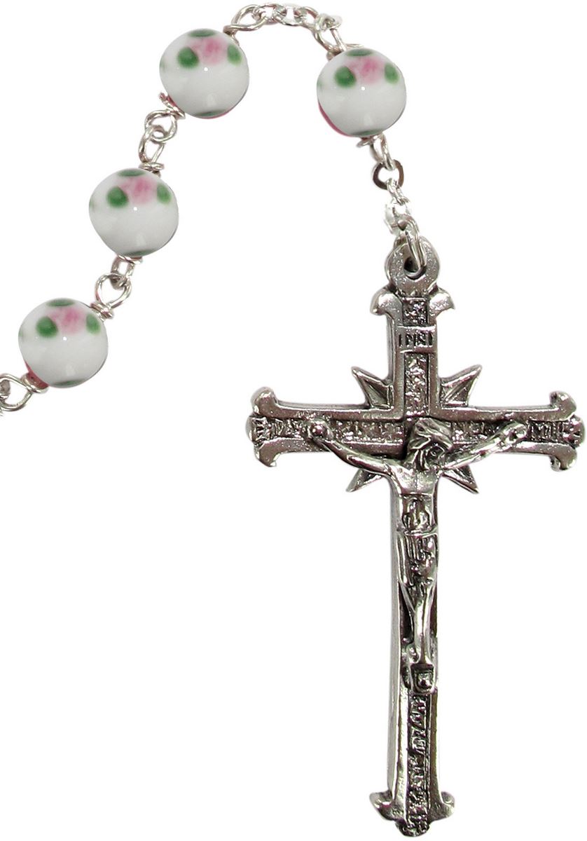 rosario in argento 925 con grani mm 6  in vetro bianco con piccole rose