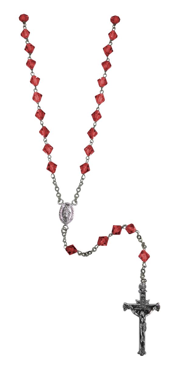 rosario con grani in cristallo rondello da Ø 5 mm color rubino e legatura in argento 925 