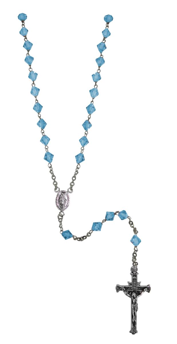 rosario con grani in cristallo rondello da Ø 6 mm color azzurro e legatura in argento 925 