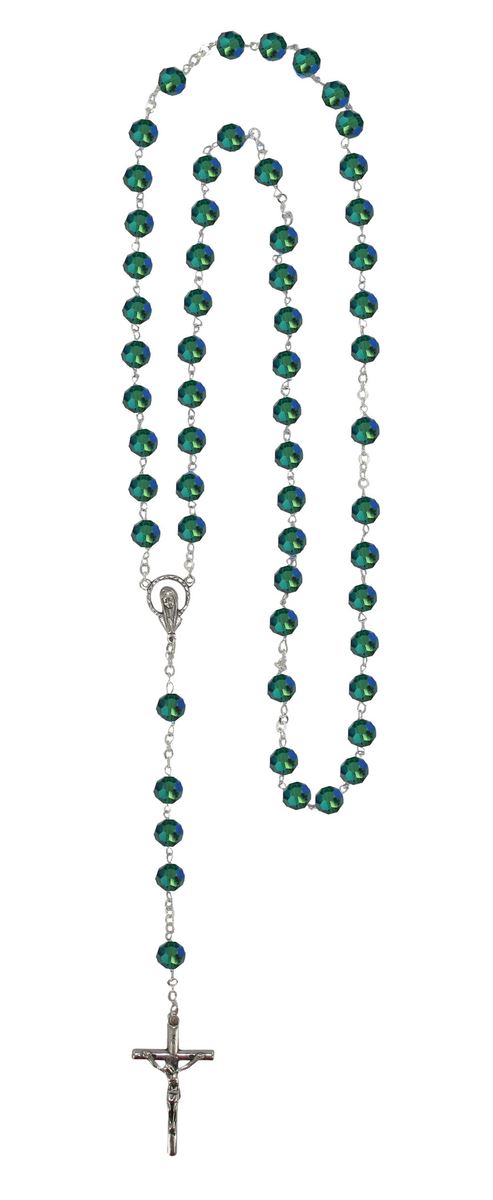rosario con grani in cristallo sfaccettato da Ø 7 mm color verde con legatura in argento 925 