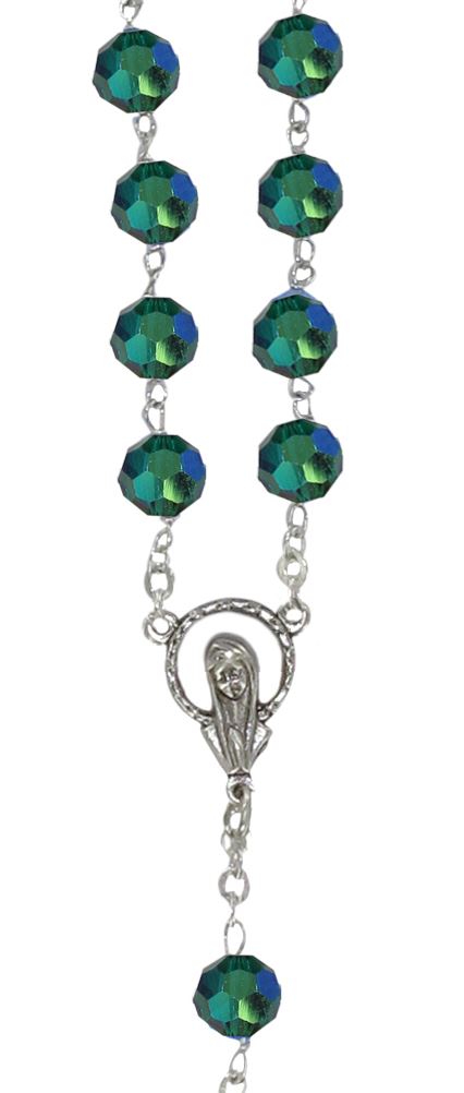 rosario con grani in cristallo sfaccettato da Ø 7 mm color verde con legatura in argento 925 
