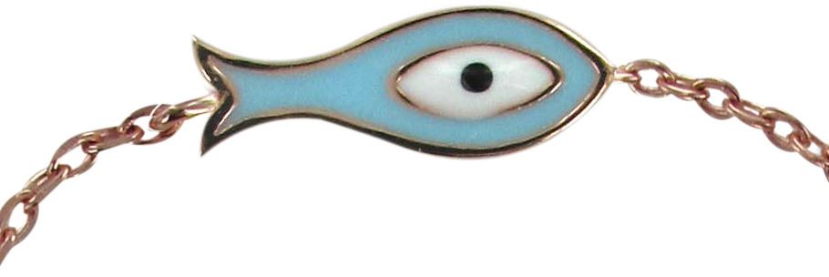 braccialetto con piccolo pesce smalto azzuro in argento 925 con bagno in oro rosa