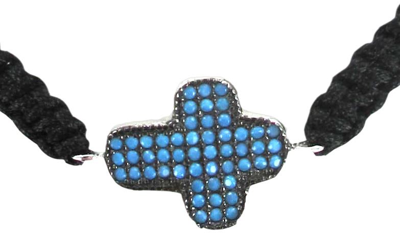 braccialetto in corda con croce braccia tonde con strass azzuri in argento 925 con bagno oro bianco 