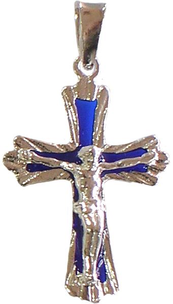croce con cristo riportato in argento 925 e smalto blu - 3 cm