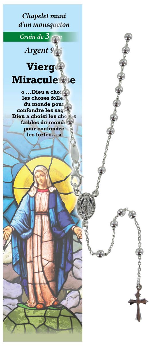 rosario madonna miracolosa in argento 925 con grani da Ø 3 mm e preghiera in francese