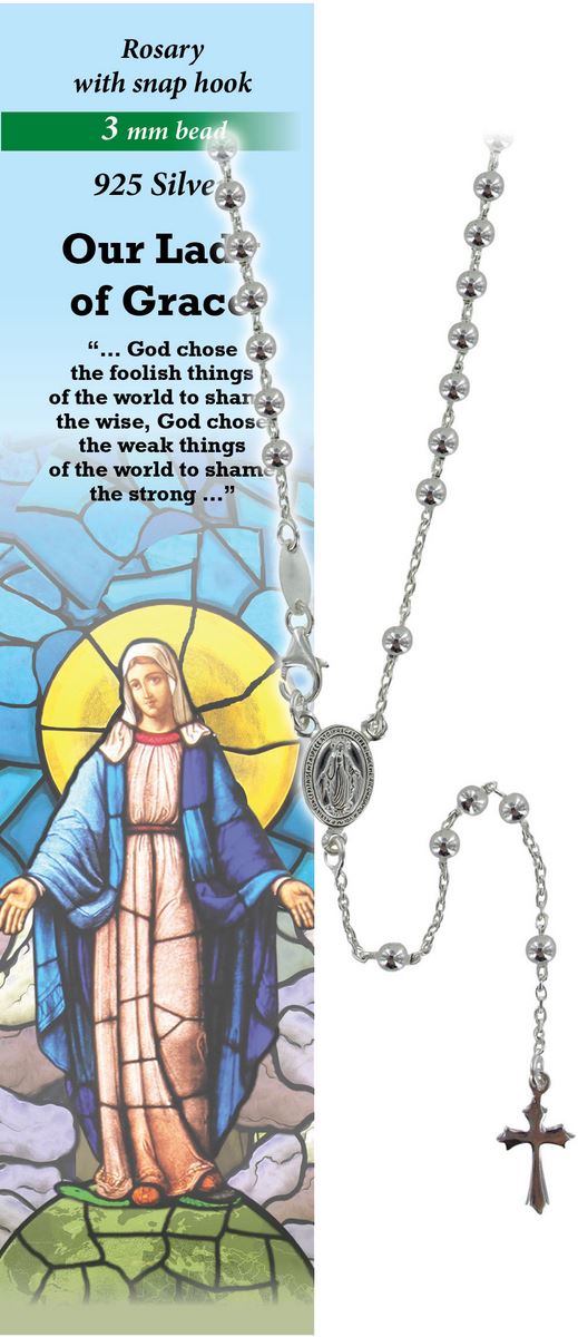 rosario madonna miracolosa in argento 925 con grani da Ø 3 mm e preghiera in inglese