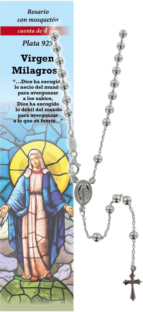 rosario madonna miracolosa in argento 925 con grani da Ø 4 mm e preghiera in spagnolo