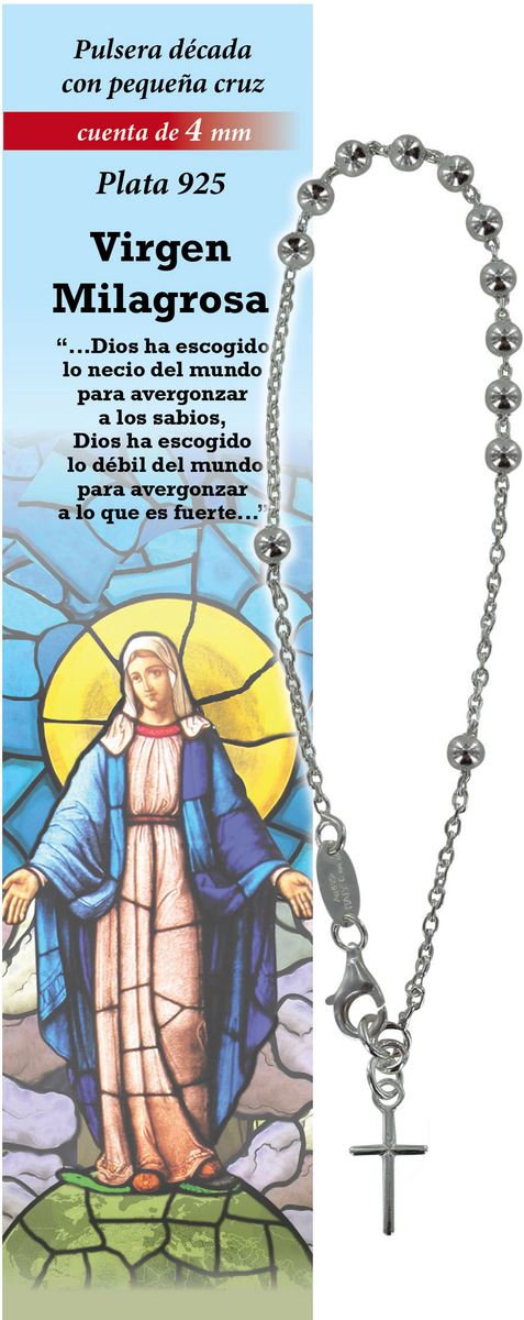 bracciale rosario in argento 925 con 11 grani da 4 mm con croce - madonna miracolosa - spagnolo