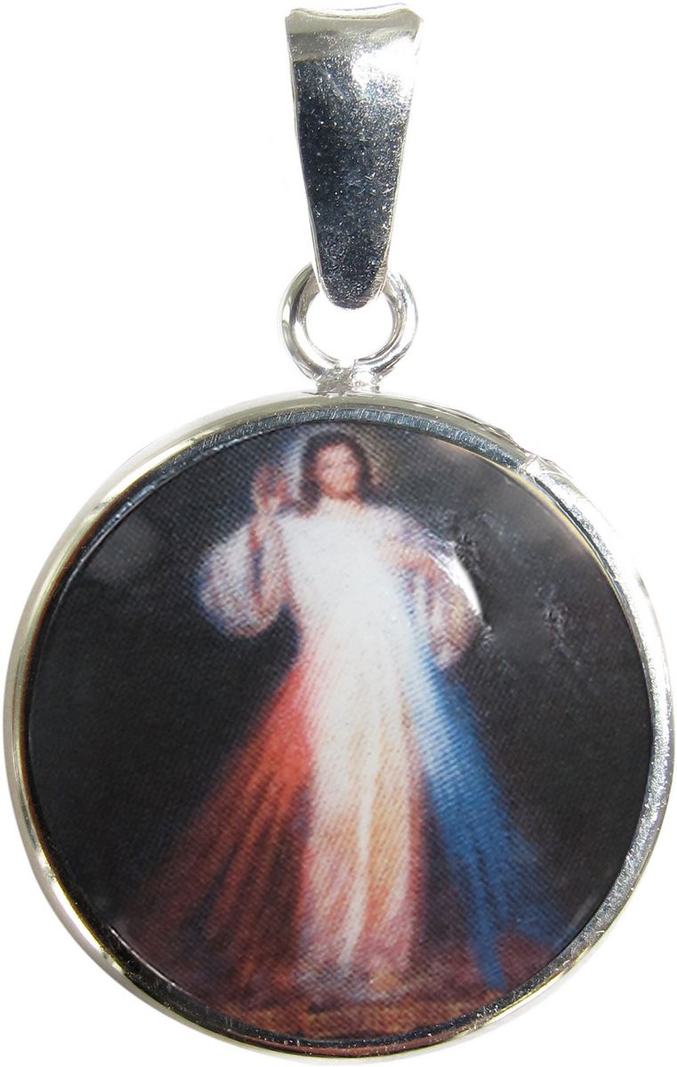 medaglia gesù misericordioso in argento 925 e porcellana - 1,8 cm