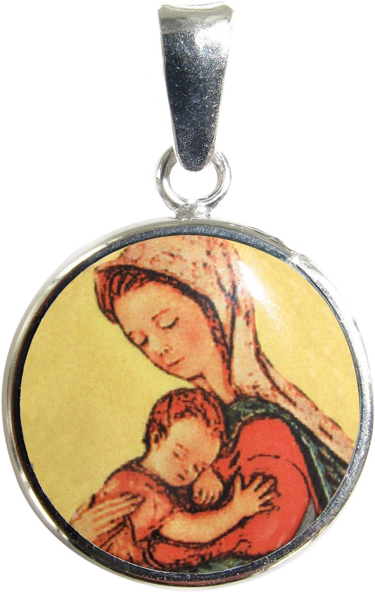medaglia madonna con bambino di suor angelica in argento 925 e porcellana - 1,8 cm