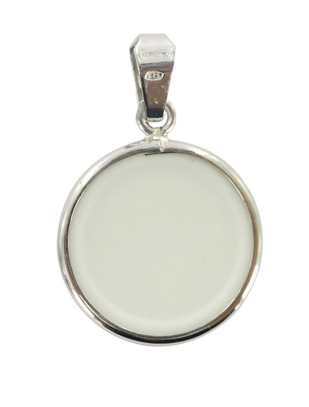 medaglia madonna di oropa tonda in porcellana con profilo in argento Ø 1,8 cm	