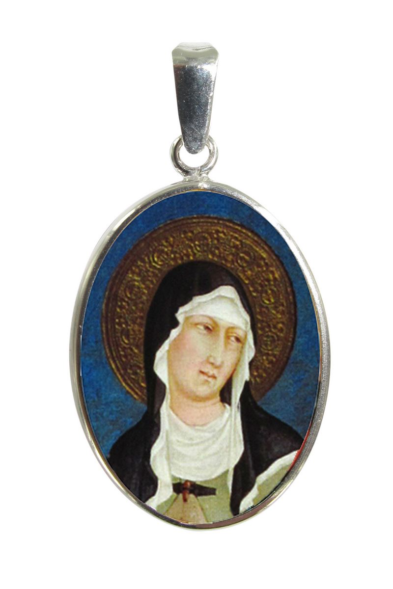 medaglia santa chiara  ovale in argento 925 e porcellana - 3 cm