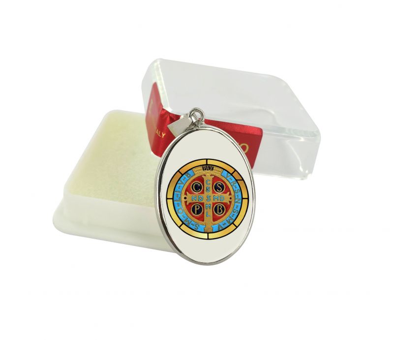 medaglia croce di san benedetto ovale in argento 925 e porcellana - 3 cm