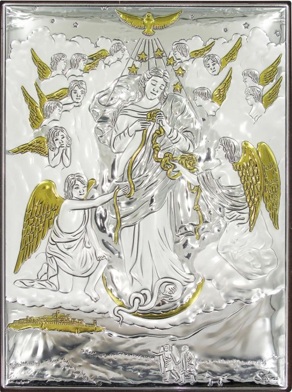 quadretto bassorilievo di maria che scioglie i nodi, argento 999 (18 x 13,5 cm)