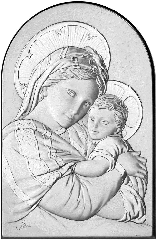quadro madonna con bambino a forma di arco con lastra in argento - bassorilievo - 19 x 12,5 cm