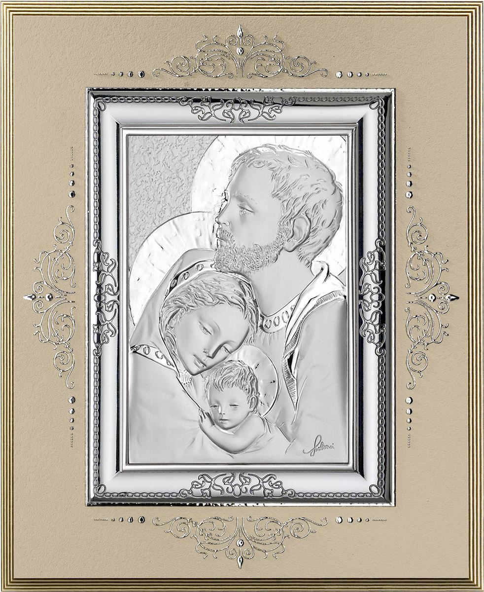 icona sacra famiglia in argento 925 e legno - 14 x 17 cm