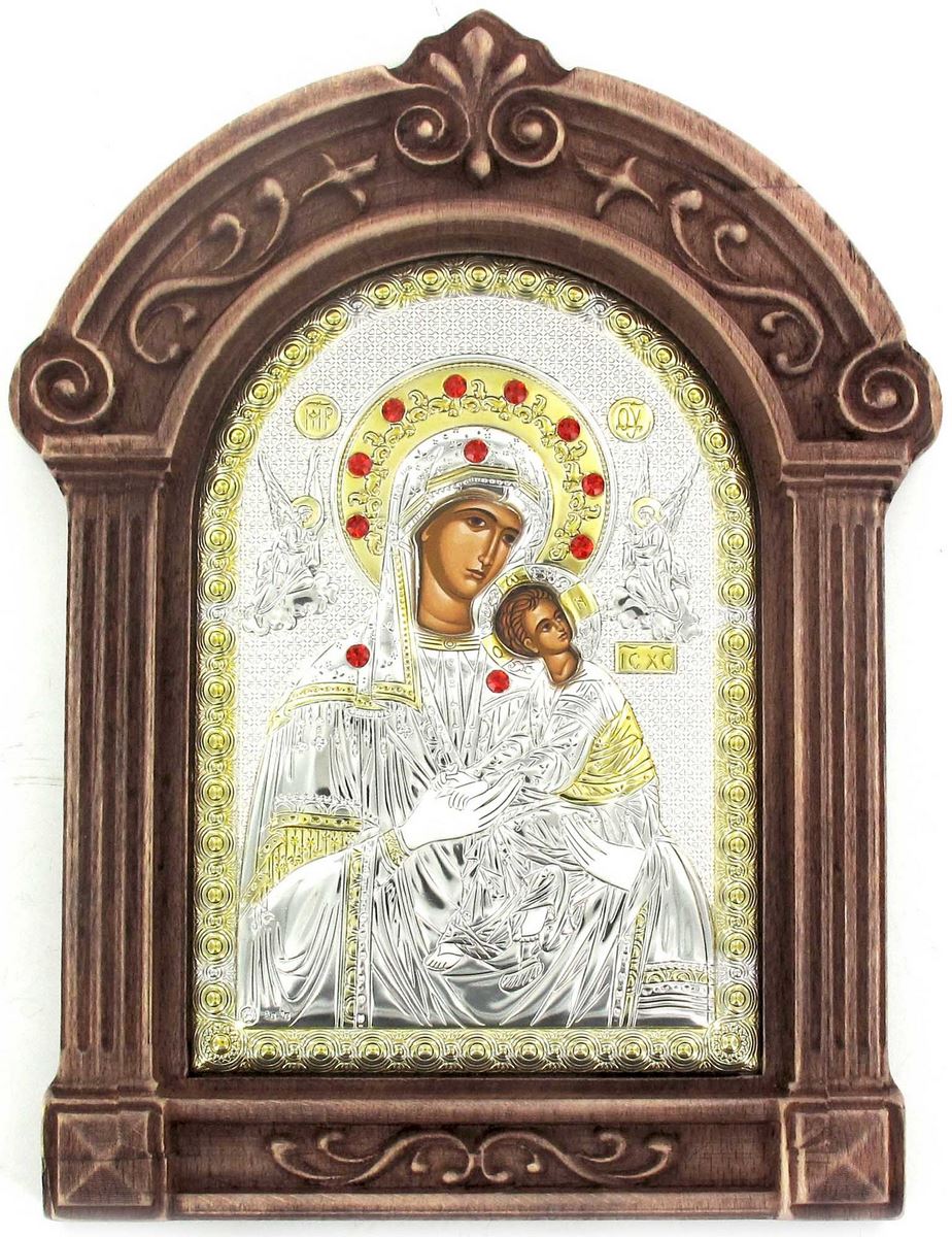 icona madonna col bambino greca a forma di arco con lastra in argento e cornice in legno - 24 x 16 cm