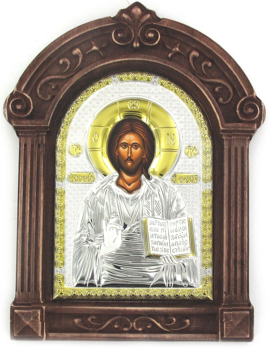 icona gesù con libro aperto greca a forma di arco con lastra in argento e cornice in legno - 24 x 18,5 cm
