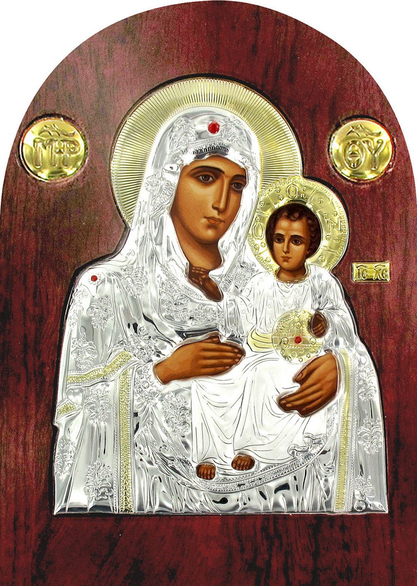 icona madonna di gerusalemme greca a forma di arco in argento con dettagli in oro e cristalli - 14 x 10 cm