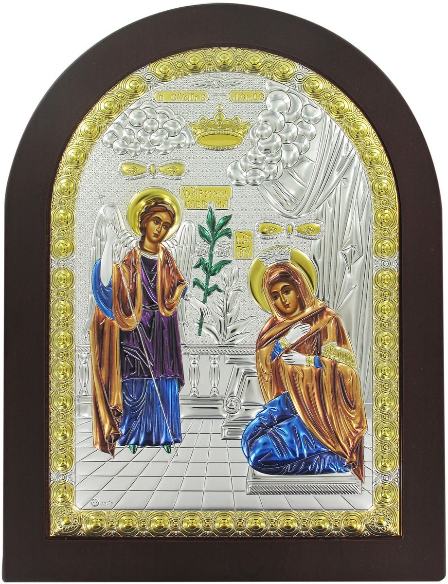 icona annunciazione greca a forma di arco con lastra in argento - 10 x 14 cm