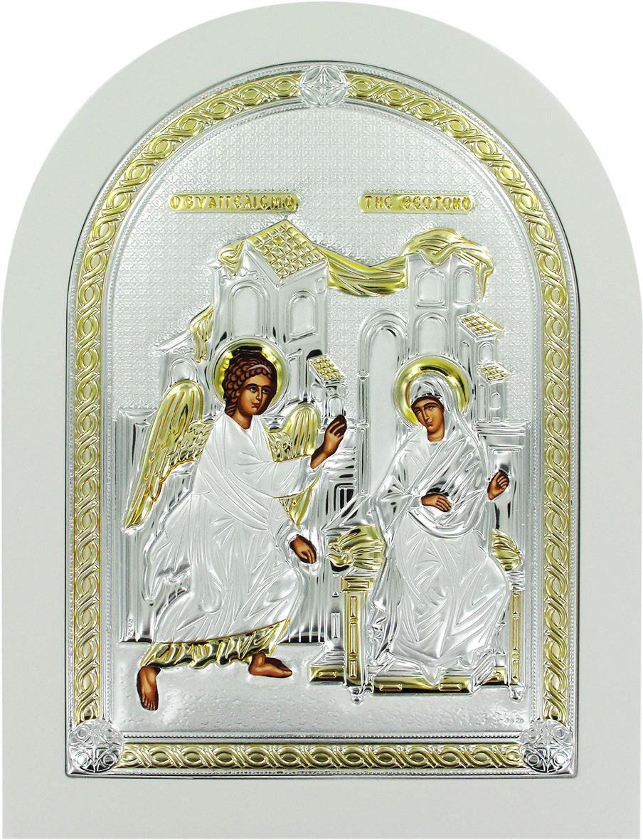 icona annunciazione greca a forma di arco con lastra in argento - 10 x 14 cm