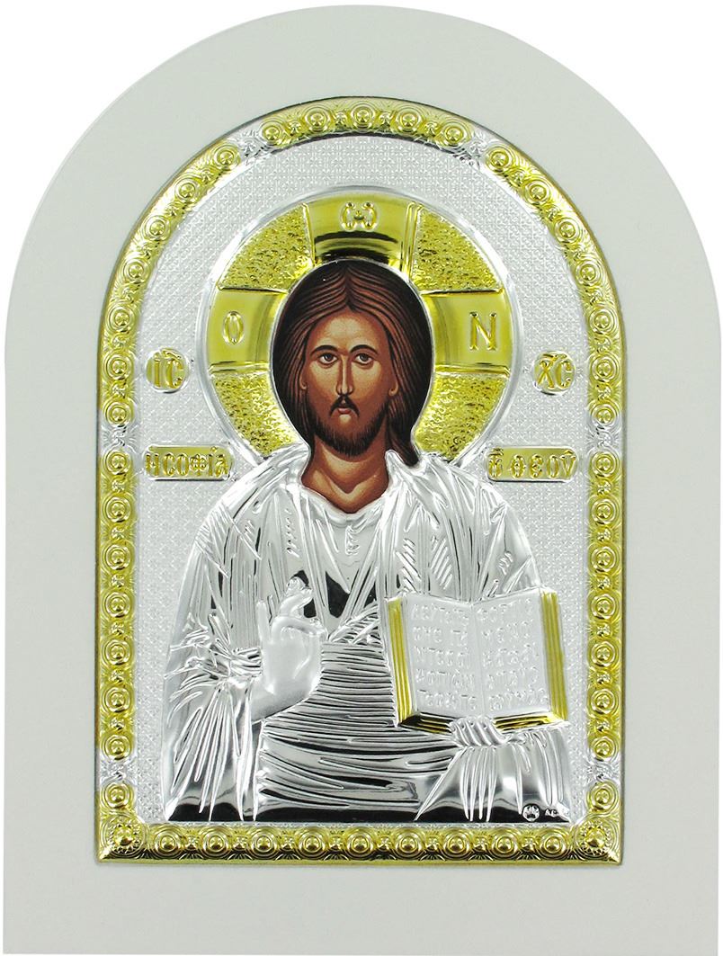 icona cristo con libro aperto greca a forma di arco con lastra in argento - 10 x 14 cm