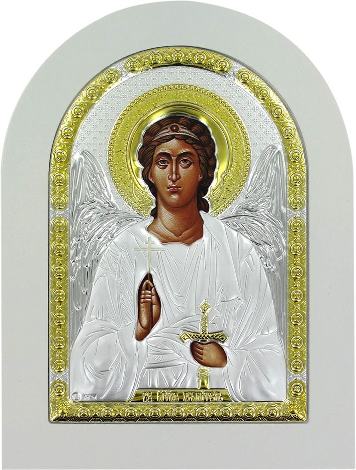 icona arcangelo greca a forma di arco con lastra in argento - 15 x 20 cm