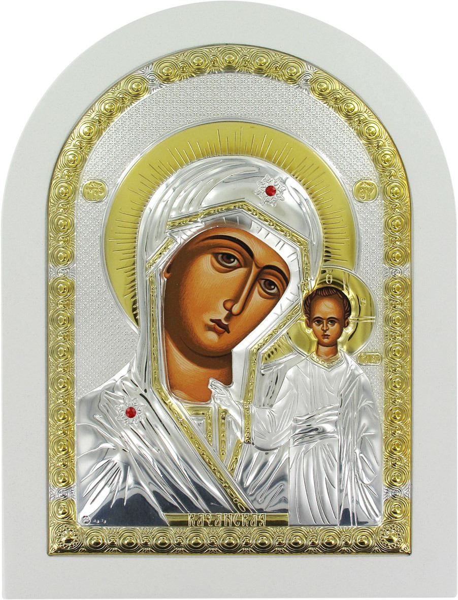 icona madonna di kazan greca a forma di arco con lastra in argento - 15 x 20 cm