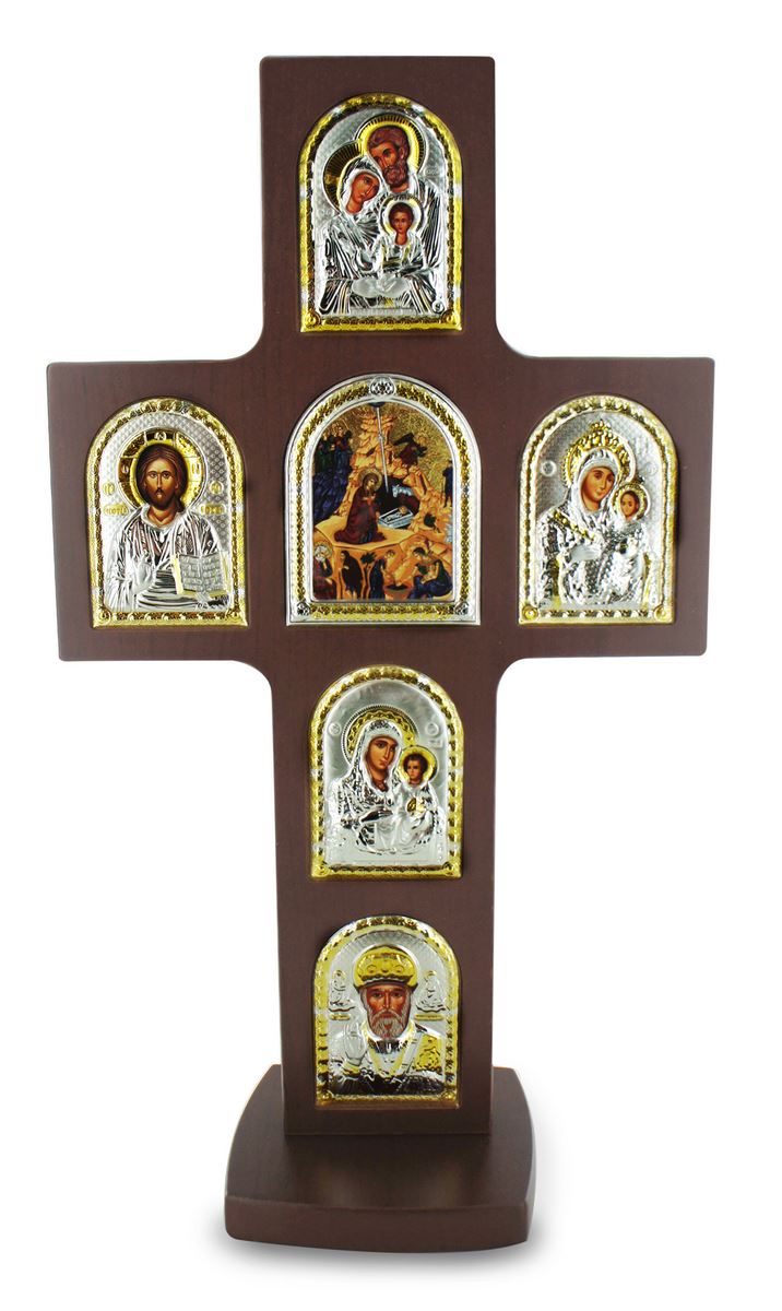 croce da tavolo in legno con immagini sacre in argento - 32 cm