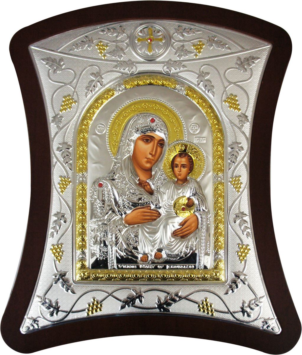 icona madonna di gerusalemme con lastra in argento - 32,5 x 36 cm