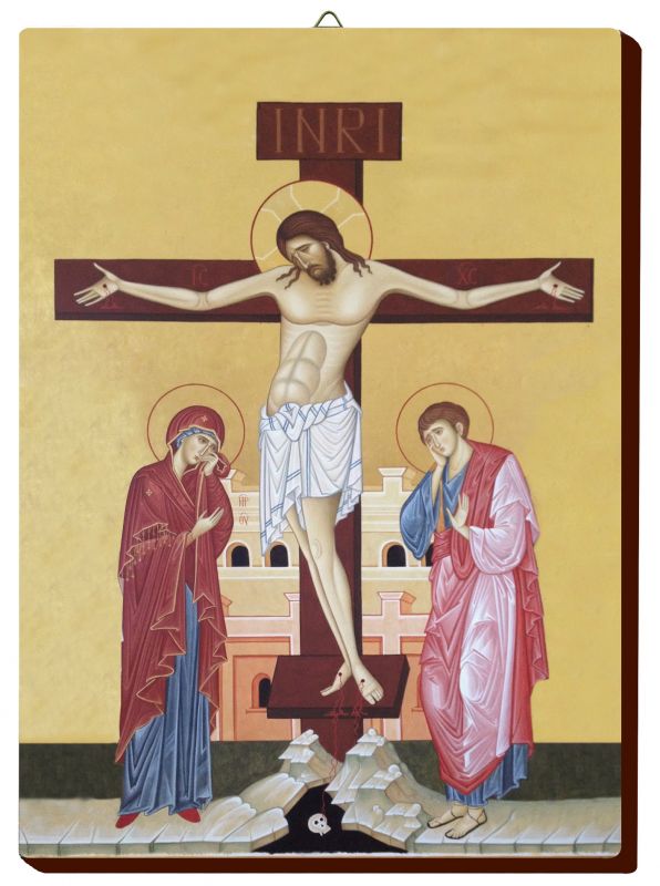 icona crocifissione di gesù dipinta a mano su legno con fondo oro cm 19x26