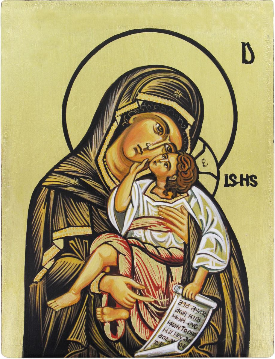 icona madonna con bambino dipinta a mano su legno con fondo oro cm 19x26