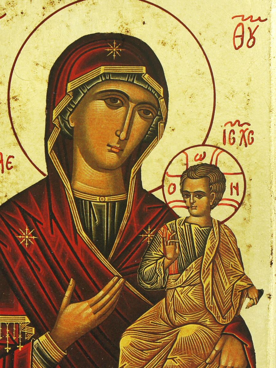 icona madonna con il bambino, icona in stile arte bizantina, icona su legno rifinita con aureole, scritte e bordure fatte a mano, produzione greca - 18 x 14 cm