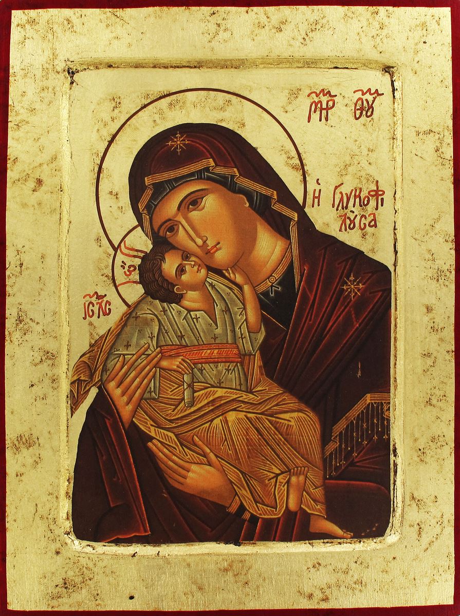 icona madonna della tenerezza, icona in stile arte bizantina, icona su legno rifinita con aureole, scritte e bordure fatte a mano, produzione greca - 18,5 x 14,5 cm