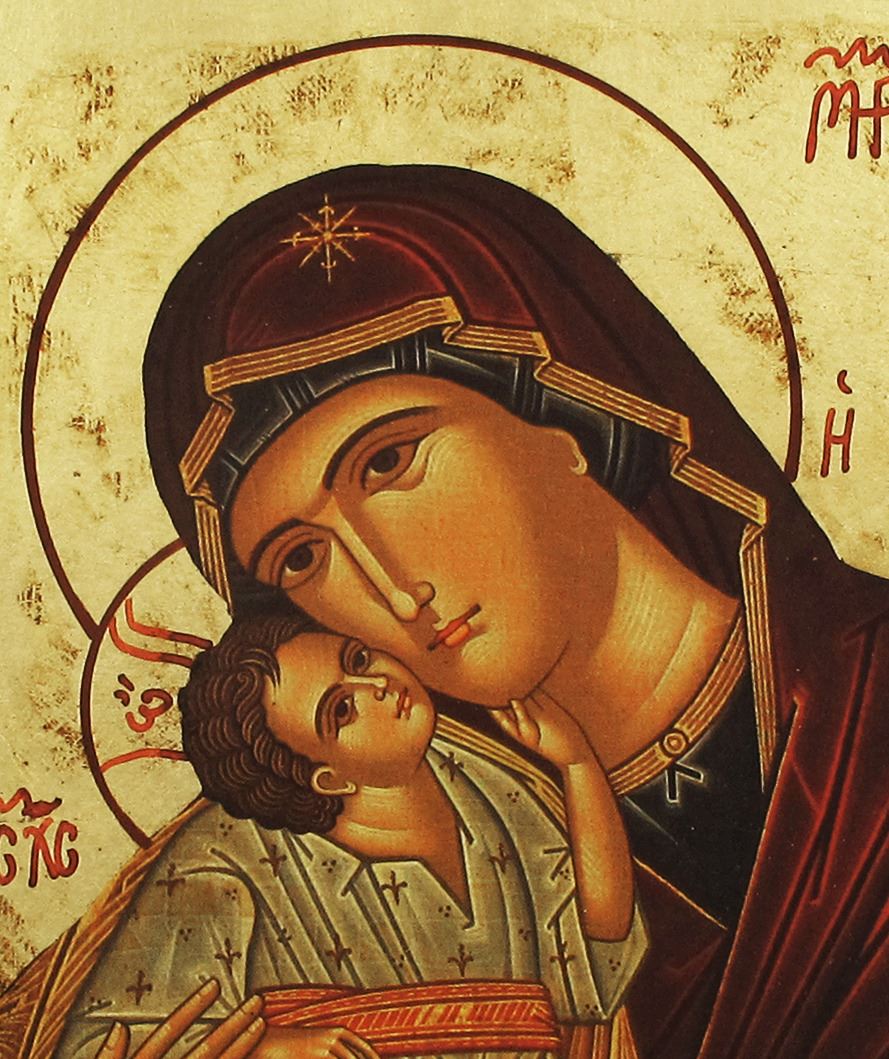 icona madonna della tenerezza, icona in stile arte bizantina, icona su legno rifinita con aureole, scritte e bordure fatte a mano, produzione greca - 18,5 x 14,5 cm