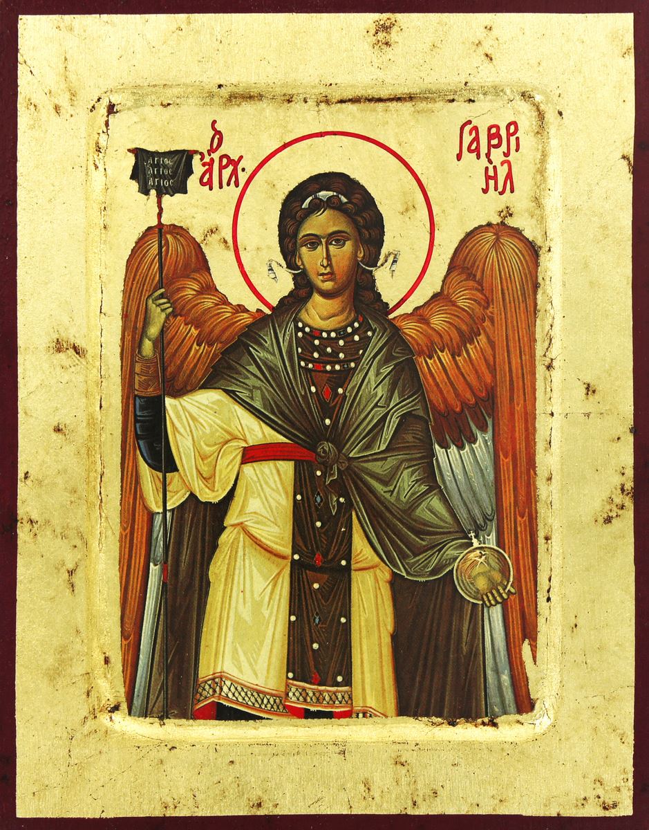 icona san gabriele arcangelo, icona in stile arte bizantina, icona su legno rifinita con aureole, scritte e bordure fatte a mano, produzione greca - 24 x 18 cm