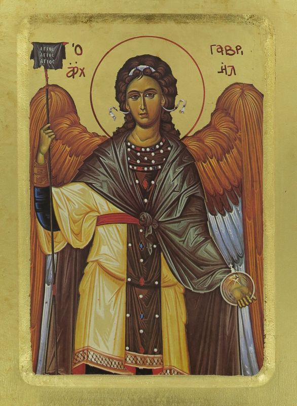 icona san gabriele arcangelo, icona in stile arte bizantina, icona su legno rifinita con aureole, scritte e bordure fatte a mano, produzione greca - 24 x 18 cm